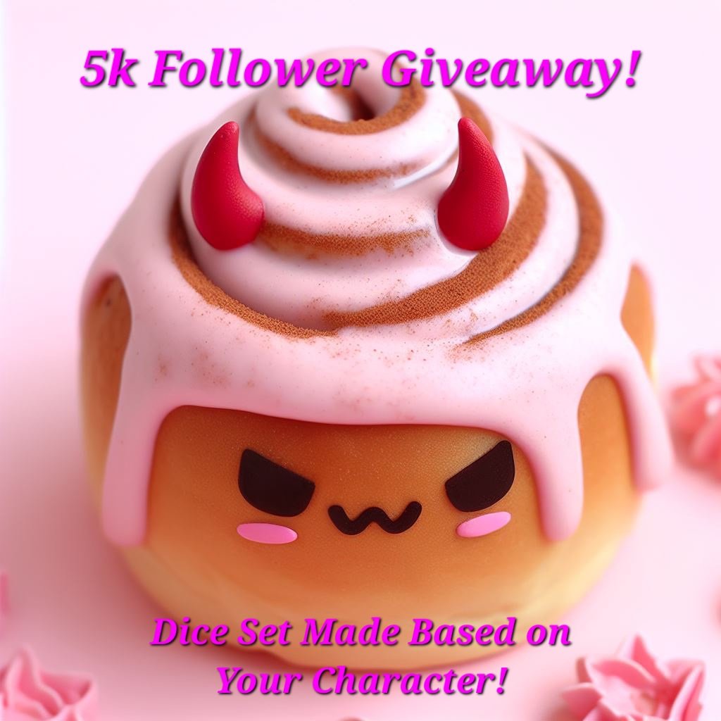 Sinnamon_Dice's tweet image. #Giveaway ● It finally happened, I hit 5k followers. Thank you so much to everyone for following me on this journey and supporting me.
This prize will be a custom made dice set that matches your dnd character. To Enter:
♡Follow
♡Like +Rt
Ends • November 25th 12pm PST