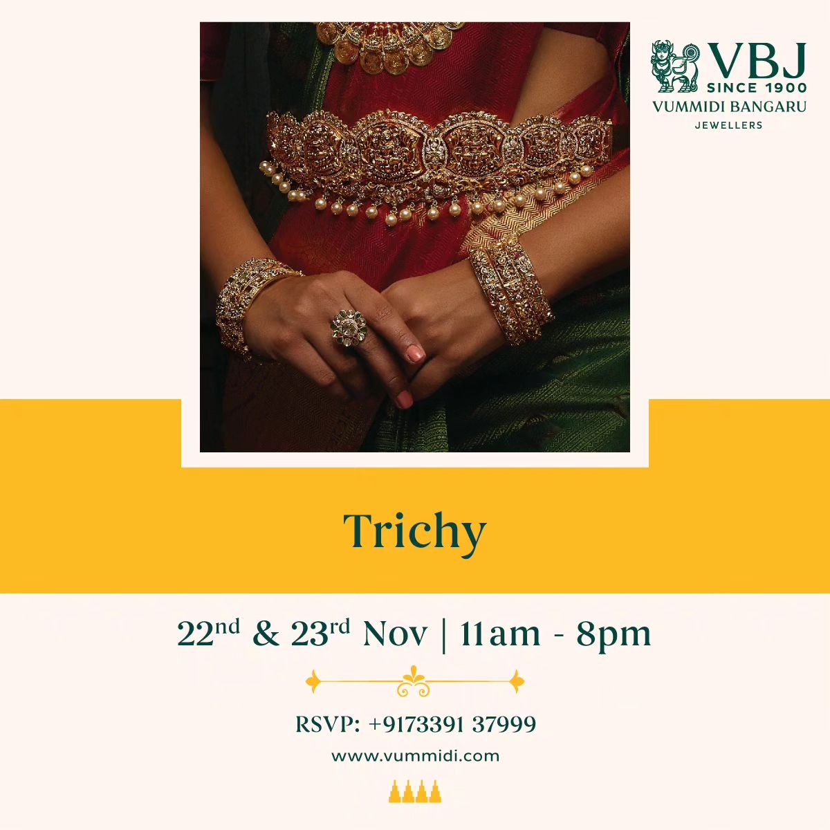 Vummidi bangaru jewellery expo  in Trichy. 

Venue - Courtyard by Marriott ( Sangam Hotel ) 
Date - November 22nd and 23rd
Time - 11am - 8pm

#VBJ #VummidiBangaruJewellers #VBJGold #VummidiBangaru #trichyevents #Trichy #Trichyit