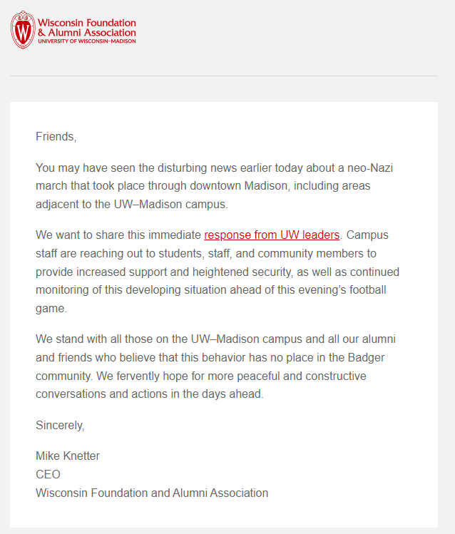 dparsow's tweet image. Thank you @UWMadison for not wasting any time and making a clear statement against anti-semitism and racism!  #StopAntisemitism #StopTheHateNow