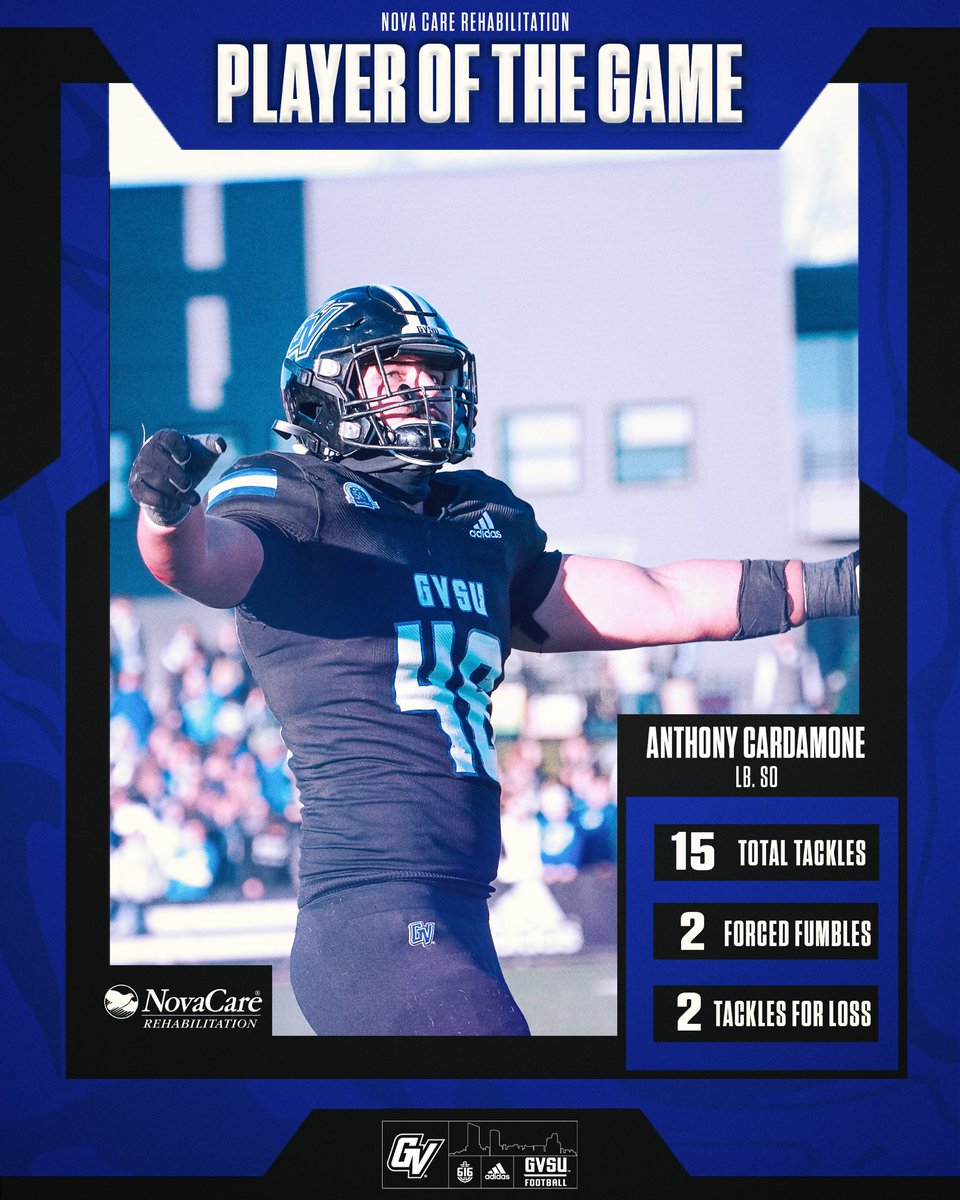 Anthony Cardamone dominated the field with a jaw-dropping 15 total tackles and not one, but two forced fumbles! His electrifying performance earned him @novacare Player of the Game! #AnchorUp