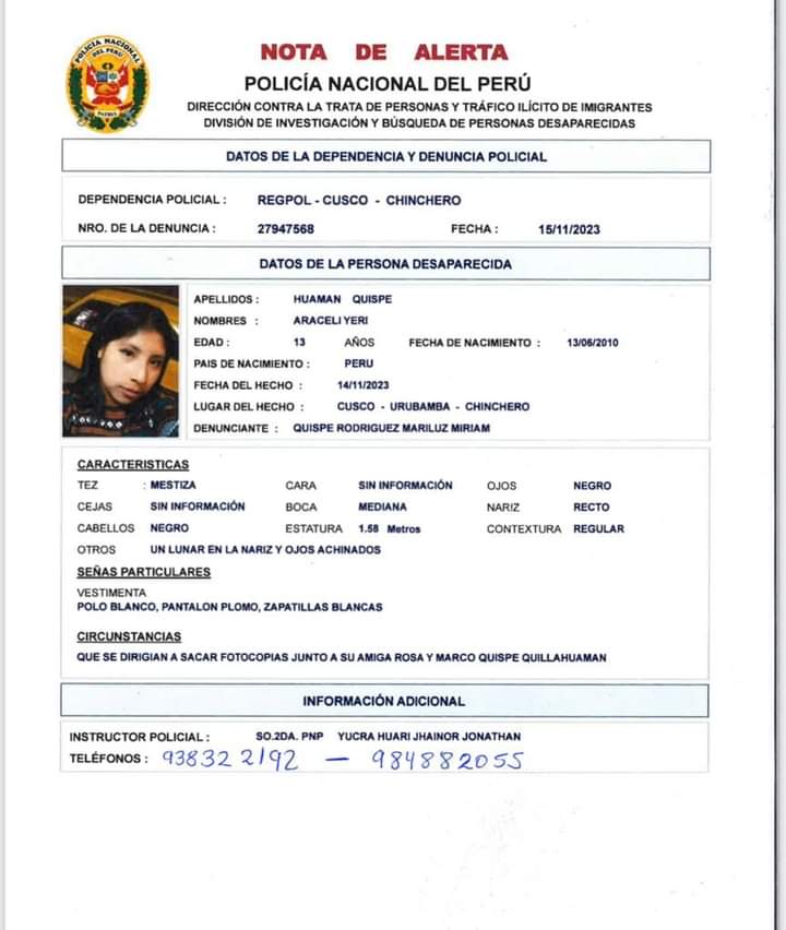 MuDesaparecidas's tweet photo. 🚨#Alerta🚨 Araceli Yeri Huamán Quispe (13) se encuentra reportada como #desaparecida desde el 14/noviembre/2023, en #Cusco.

Ella viste polo blanco, pantalón buzo plomo y zapatillas blancas. Mide 1.58 c.m., y tiene un lunar en la nariz.

Por favor, ayudemos a encontrarla. https://t.co/9fbLK5X81o
