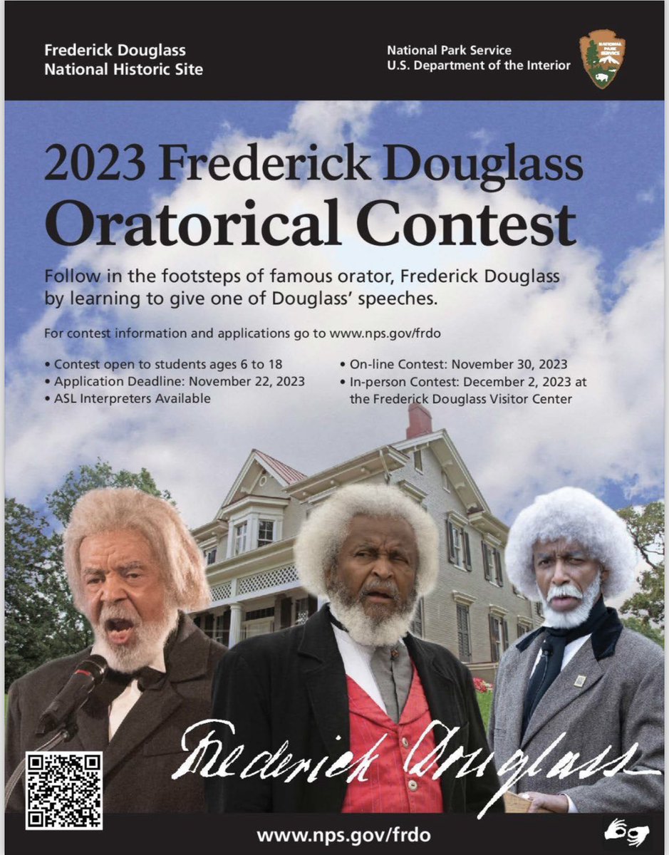 There’s still time to register for the annual Frederick Douglass Oratorical Contest! You have til 11/22/23 to apply! Go to nps.gov/frdo/learn/kid… for more info! #FrederickDouglass #BlackHistory #Oratory #Words #Youth