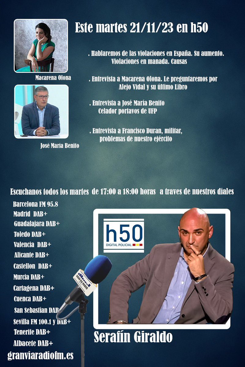 Próximo martes en La hora de h50;
<a href="/Macarena_Olona/">Macarena Olona</a> <a href="/PresidenteUMT/">Presidencia UMT</a> 
<a href="/josemariabenito/">👨🏻‍✈️José M. Benito (Operativo)🇪🇸</a> 
Bienvenidos a “la hora h50” emisora Gran Vía Radio.Programa de h50 Digital en el que se analizarán sucesos y actualidad por expertos de seguridad, prisiones,policías,guardias civiles y vigilantes