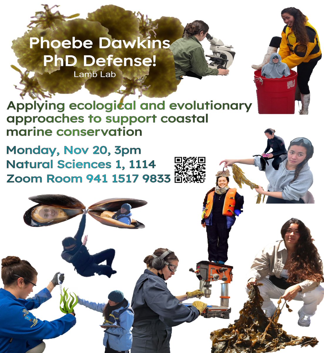 Join us for @phoebe_dawkins PhD defense on applying ecology and evolution to support marine conservation! Mon Nov 20, 3pm, 1114 Nat Sci 1 @UCIrvine