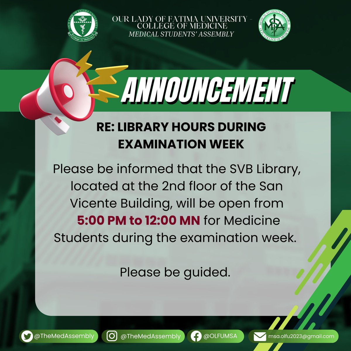 TheMedAssembly's tweet image. Heads up! RE: SVB Library Operation hours

Please be informed that the SVB Library, located at the 2nd floor of the San Vicente Building, will be open from
 5:00 PM to 12:00 MN for Medicine Students during the examination week. 

Please be guided.