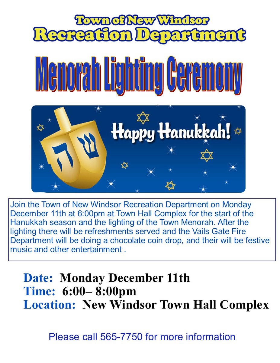 NWRECISFUN's tweet photo. Join the Town of New Windsor for our upcoming holiday events first with the Christmas Tree Lighting on Friday December 1st from 6-8pm, and then for our Hanukkah Menorah Lighting on Monday December 11th from 6-8pm both the The Town Hall Complex. https://t.co/VaJlFt4Jub