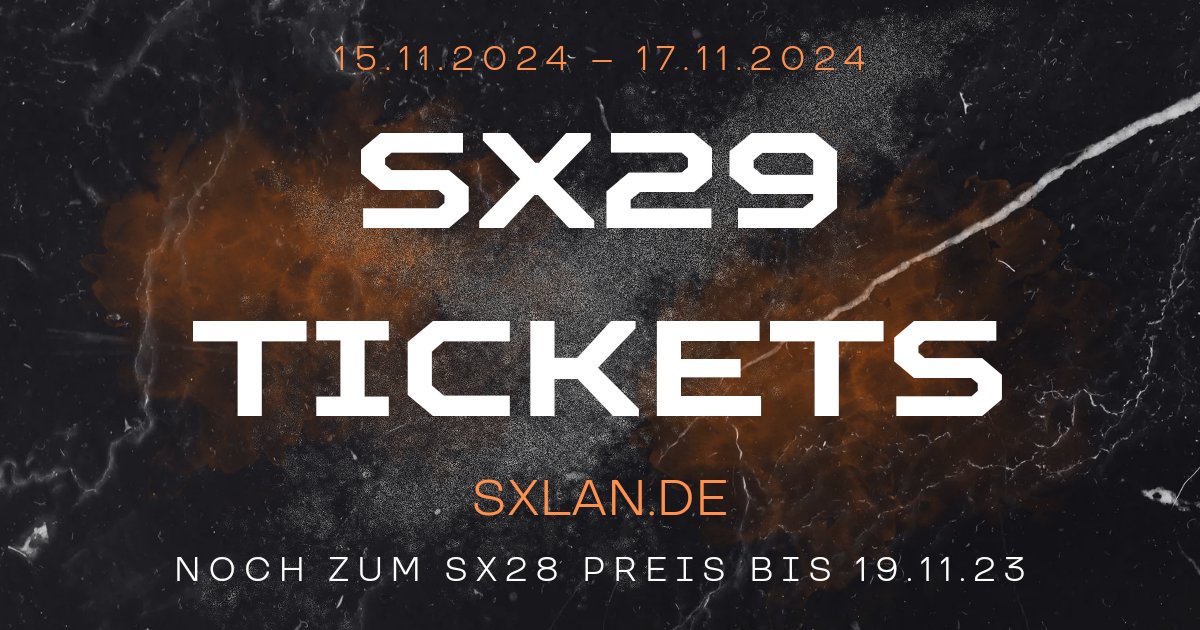 Black Friday ist zwar noch ein bisschen hin, aber bei uns könnt ihr jetzt schon Geld sparen.
Die SX29 findet zum 15.11.2024 - 17.11.2024 statt und diesen Sonntag gibt's die Tickets noch zum SX28 Preis. Also schnell zugreifen!

#LAN #lanparty #sundxplosion #tickets #SXLAN