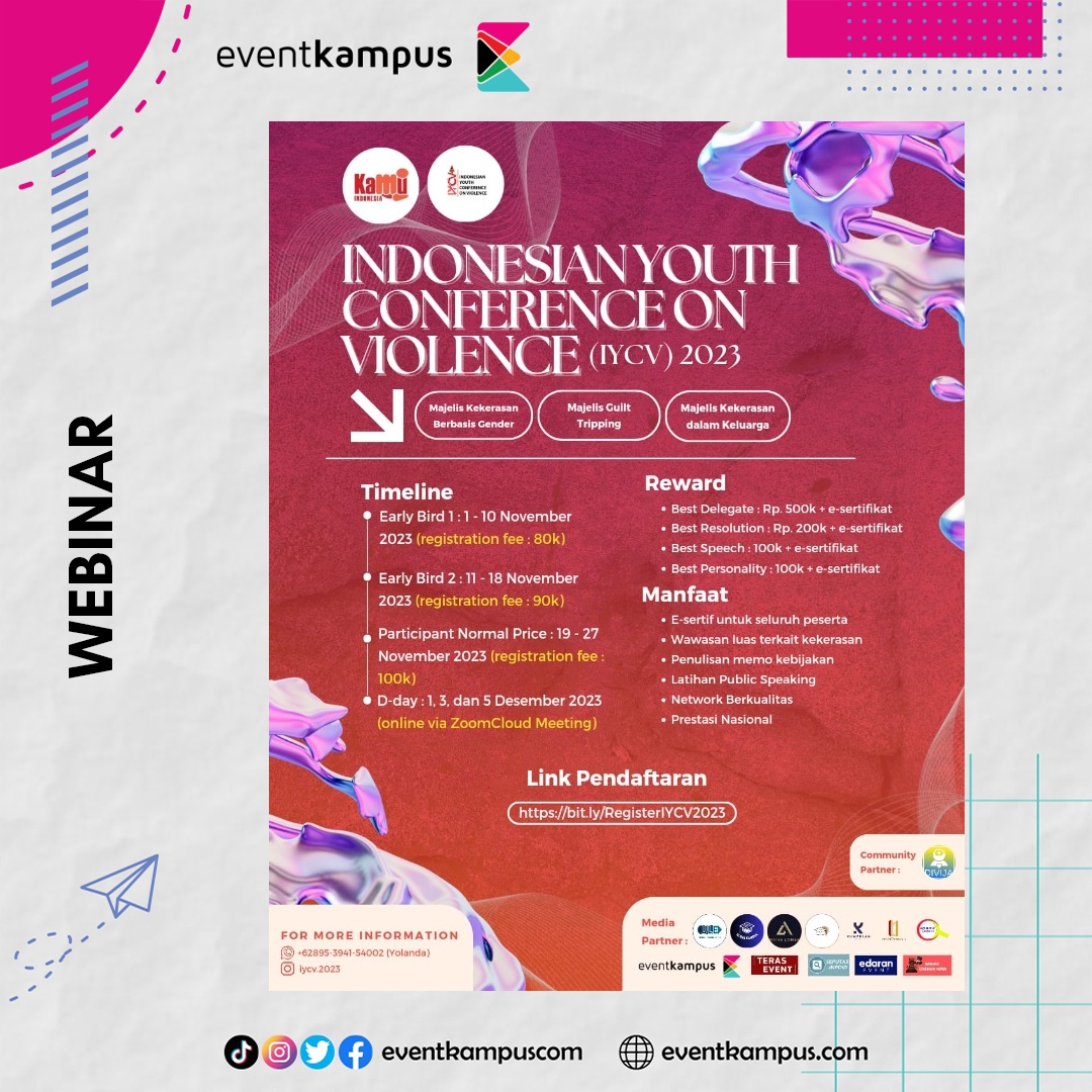 Halo #Katalisperubahan ✨

Yang ditunggu-tunggu akhirnya datang juga 🤩

Pendaftaran IYCV 2023 telah dibuka 🥳!!..

Kegiatan ini dipetuntukan untuk kamu yang berusia 17-28 tahun yang memiliki minat dalam kasus kekerasan yang ada di Indonesia.

eventkampus.com/e/4483