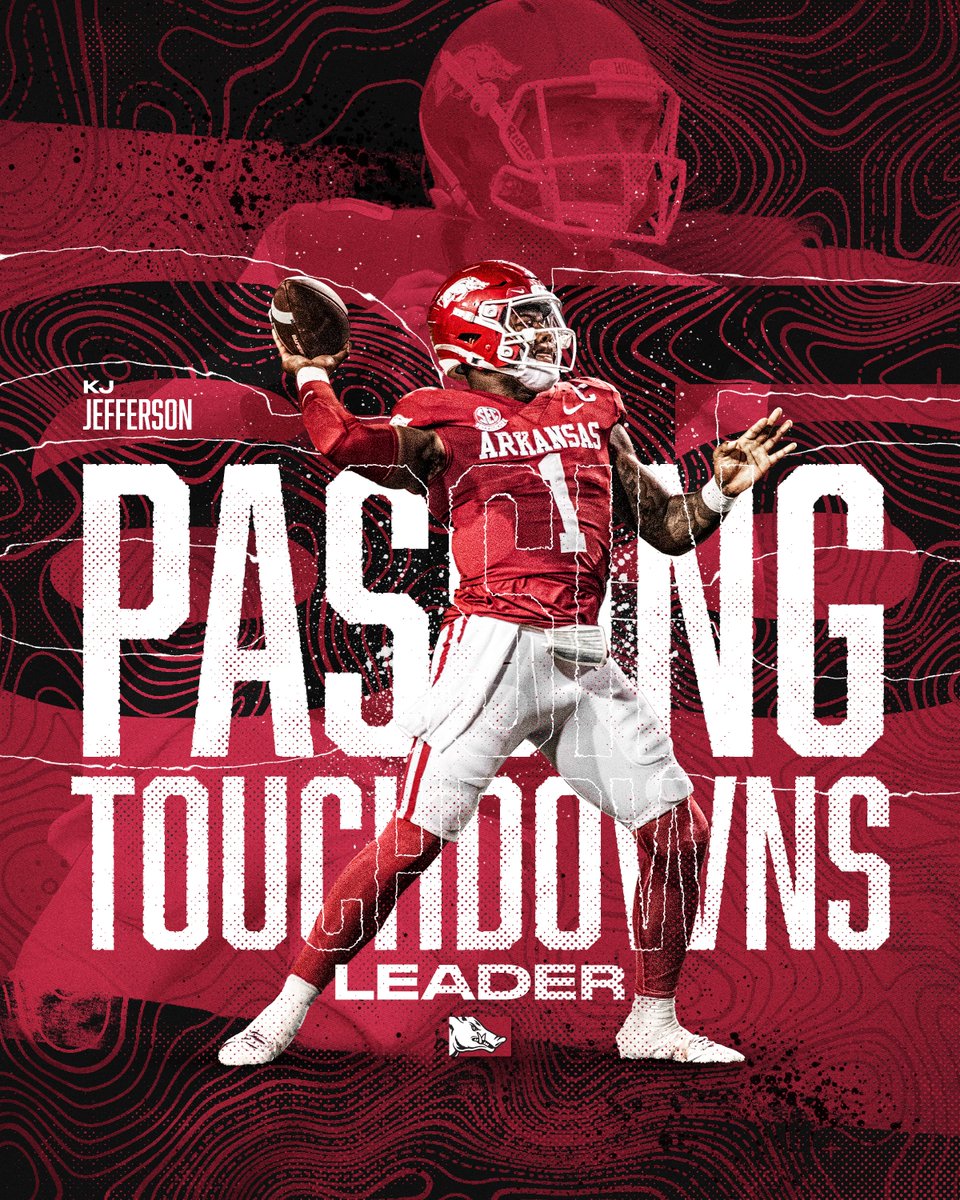 RazorbackFB's tweet photo. No one has thrown more touchdowns for the Hogs than KJ Jefferson 🫡 https://t.co/u6FlHIpzQr