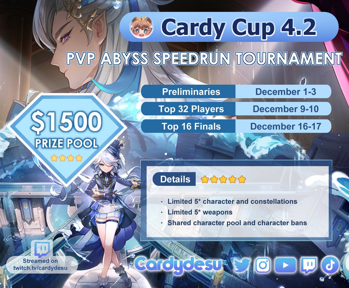 CardyDesu's tweet photo. ✨CARDY CUP 4.2✨

🎉$1500 Genshin Speedrun Abyss Tournament is BACK

Top 32 players are guaranteed a prize!

Check out the google.doc below for the specific rules/details!

All will be streamed on https://t.co/Hrx5wBoJOV https://t.co/G6KGJJiqYI