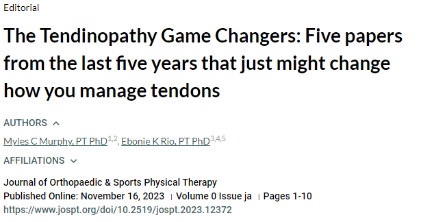 Myles Murphy (@myles_physio) on Twitter photo Dr Ebonie Rio (<a href="/tendonpain/">Ebonie Rio</a>) and I recently collated for <a href="/JOSPT/">JOSPT Community</a> what we thought the best #tendon papers of the year were for the last 5 years.
jospt.org/doi/10.2519/jo…
Papers were from @AJSM_SportsMed <a href="/bmj_latest/">The BMJ</a> <a href="/BJSM_BMJ/">British Journal of Sports Medicine (BJSM)</a> <a href="/JOSPT/">JOSPT Community</a> and <a href="/jclinbiomech/">J Clinical Biomech</a>
#JOSPTtendon <a href="/ISTS_2023/">ISTS_2023</a> Dr Ebonie Rio (<a href="/tendonpain/">Ebonie Rio</a>) and I recently collated for <a href="/JOSPT/">JOSPT Community</a> what we thought the best #tendon papers of the year were for the last 5 years.
jospt.org/doi/10.2519/jo…
Papers were from @AJSM_SportsMed <a href="/bmj_latest/">The BMJ</a> <a href="/BJSM_BMJ/">British Journal of Sports Medicine (BJSM)</a> <a href="/JOSPT/">JOSPT Community</a> and <a href="/jclinbiomech/">J Clinical Biomech</a>
#JOSPTtendon <a href="/ISTS_2023/">ISTS_2023</a>