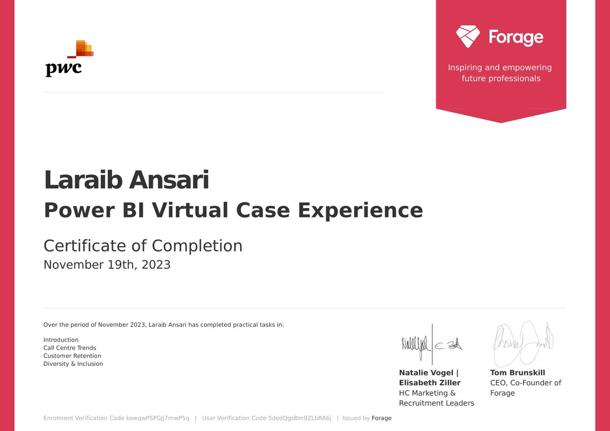 _Laraib_Ansari's tweet image. T35: #100DaysOfCode 

✨Earned my certificate! after long working hours finally!

🌱Day 13

✅PwC Virtual Internship
✅Data Visualization using Power BI 
✅KPIs based on Datasets

#DataScience #data #PowerBI #PwCAllStars #selfcare 
#leaning #100DaysOfCode