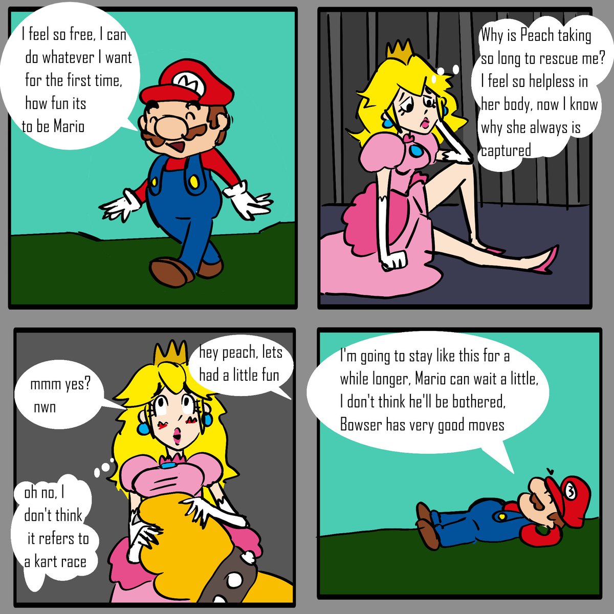 Mario and Peach swap bodies to try each other's lives, Peach wasn't convinced about being a man but when Mario was captured by Bowser he began to see the fun of being him, Mario for his part was going to learn other things about being a girl...#bodyswap #nintendo