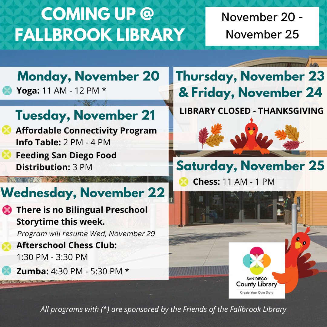 FallbrookSDCL's tweet image. Check out this week&apos;s events at the library! #fallbrooklibrary #fallbrook #fallbrookca #sdcl