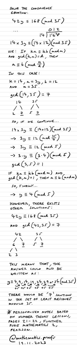 tiago_hands's tweet image. Solve the congruence equation 42y ≡ 168 (mod 35). *Full workings and explanation included. #furtherpuremaths #modularcongruence #modulararithmetic #clockarithmetic