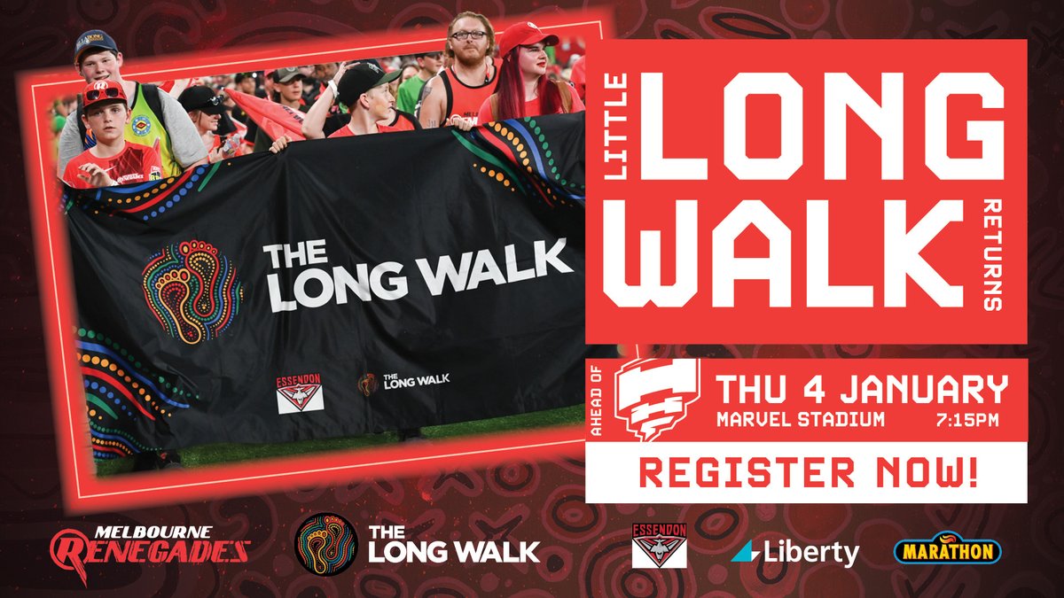 Join us on 4th of January for the return of the BBL Little Long Walk at Marvel Stadium 🏟️

Read more to learn about the event and to register ➡️bit.ly/47hBjFD

#GETONRED
