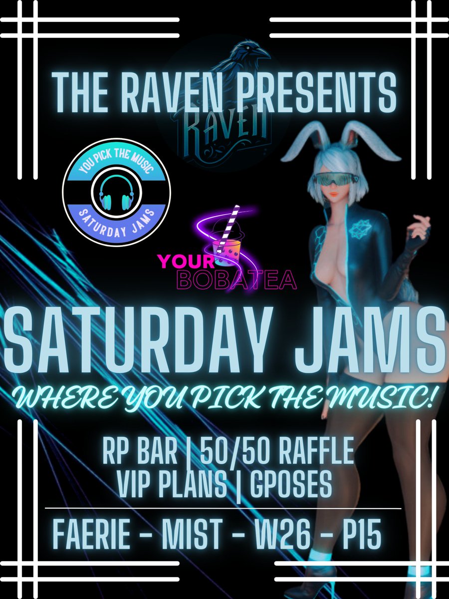ONE HOUR AWAY!!!
@BobaTeaFFXIV
is rocking the stage at The Raven before we have our FIRST EVER Saturday night jam session where YOURE the DJ!! Don't be late!  Faerie-Mist-W26-P15 discord.gg/ZxJyAYcz3U