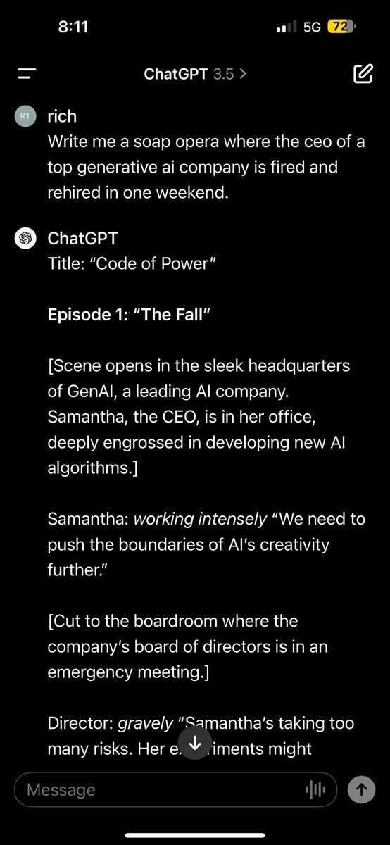 rtehrani's tweet photo. OpenAI, LOL. 

Write me a soap opera where the ceo of a top generative ai company is fired and rehired in one weekend. https://t.co/2dHM7qxkkw