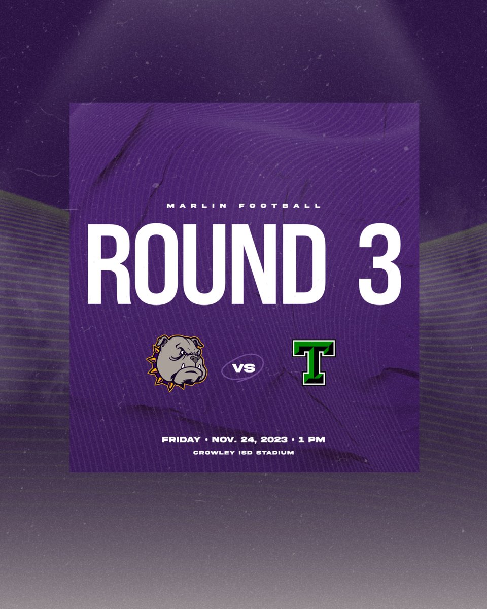 MarlinISDTX's tweet photo. 🌟 UP NEXT: 

🏈 Marlin vs Tioga
📅 Friday, Nov. 24
📍 Crowley ISD Stadium
⌚️ 1:00 PM

#TheGoldenStandard🏆 https://t.co/jJiaIik7Ua