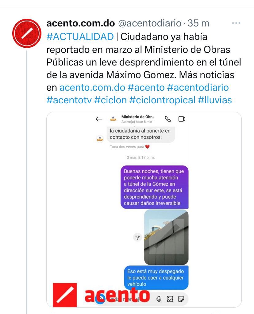 Por  la falta de gerencia del gobierno hoy ha cobrado vidas  , sobre  la denuncia que le hicieron en marzo  al Ministerio de Obras públicas de un leve desprendimiento en el túnel de la avenida máximo Gómez .
#SeVan <a href="/luisabinader/">Luis Abinader</a> <a href="/PRM_Oficial/">PRM</a> 
#Tormenta