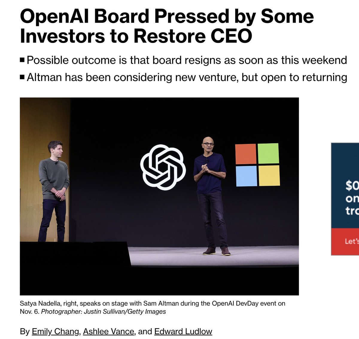 🚨 MORE INFO VIA BLOOMBERG:

If Sam Altman returns, the entire board could resign as soon as this weekend.

Sam wants Ilya gone.

Also of note: "Microsoft CEO Satya Nadella has been in touch with Altman and pledged to support him in whatever steps he takes next"
