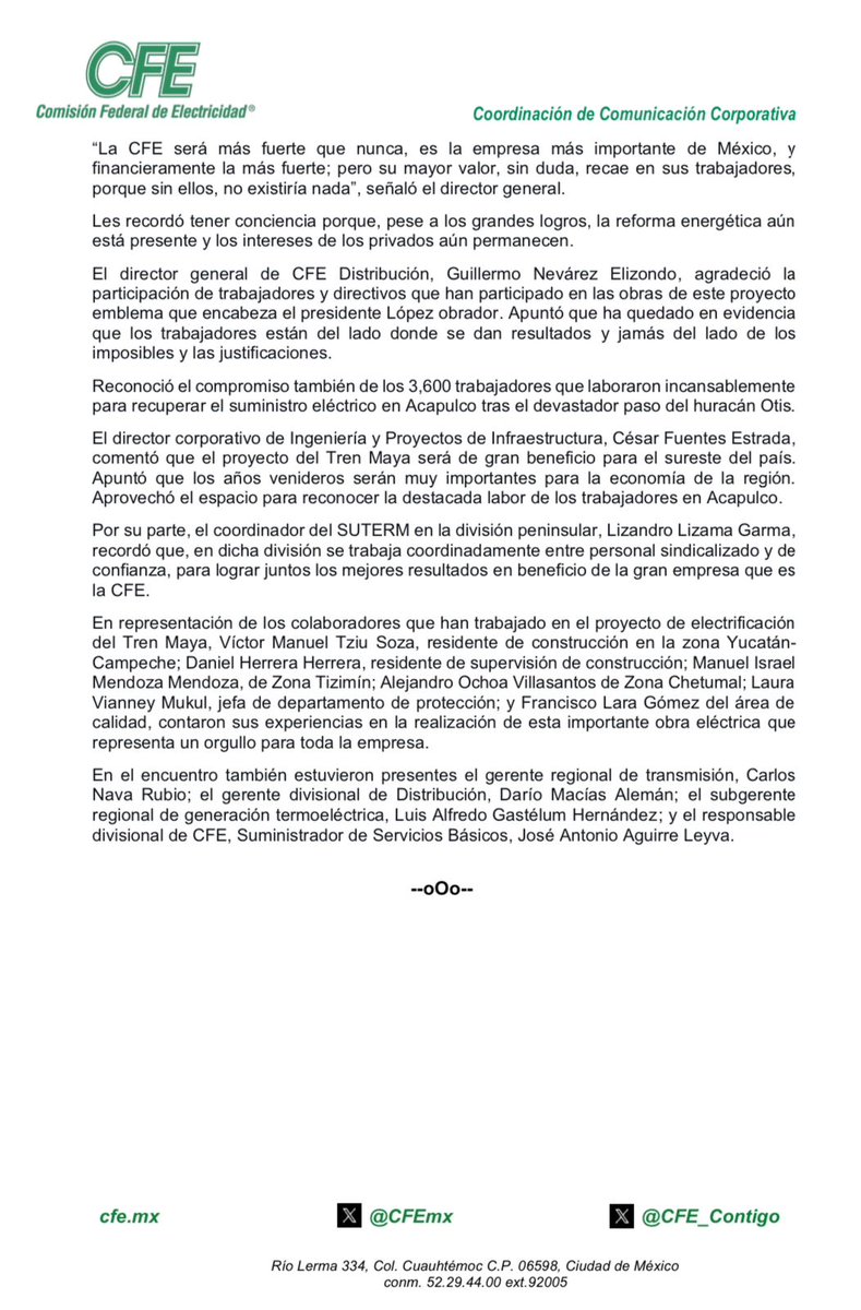 ManuelBartlett's tweet photo. El activo más valioso de la CFE, sin duda alguna, es su personal. Con su ayuda y gran capacidad, la @CFEmx  electrificará el 44% de la trayectoria del Tren Maya, proyecto emblemático del gobierno del presidente @lopezobrador_ . https://t.co/XZ6awYrnn4 https://t.co/2warDY5pYs