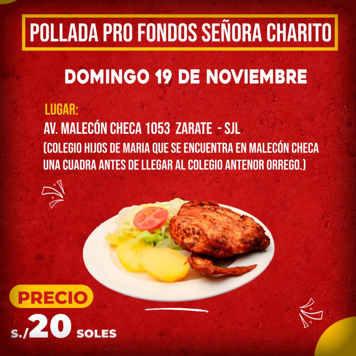 Vecinos de #SanJuanDeLurigancho 
El día de mañana en Zarate, estaremos organizando una pollada para cubrir los gastos médicos, de mi vecina la señora Charito. Están complemente invitados y si no pueden asistir por favor compartan la imagen. Gracias.