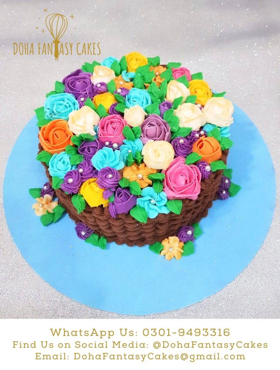 DohaFantasyCake's tweet photo. 🌟Can't choose between flowers or cake? Then why not give  both in one! 
Here's our beautiful buttercream flower bouquet on top of a basket-weaved decadent chocolate cake. 
Perfect for your loved ones!

DM for more details.

#cakeslahore #cakelahore #buttercreamflowerscake https://t.co/CuOLih4c7C