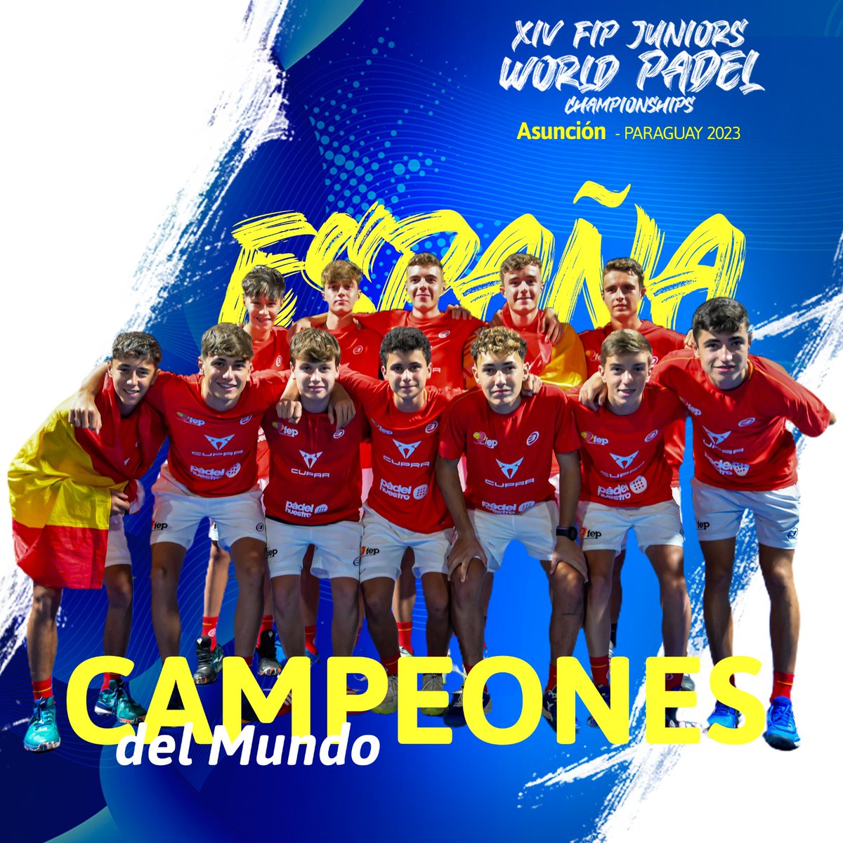 PadelJunior2023's tweet photo. 🇪🇸🏆🥇ESPAÑA CAMPEÓN DEL MUNDO🥇🏆🇪🇸

El Equipo Masculino de @padelfederacion venció a #Suecia🇸🇪 en la Final y se coronó como el mejor seleccionado del XIV FIP Junior World Padel Championships Asunción 2023

Felicidades España🇪🇦

#JWPCAsu2023 #PadelFIP #Pádel https://t.co/zVUo2RHJCq