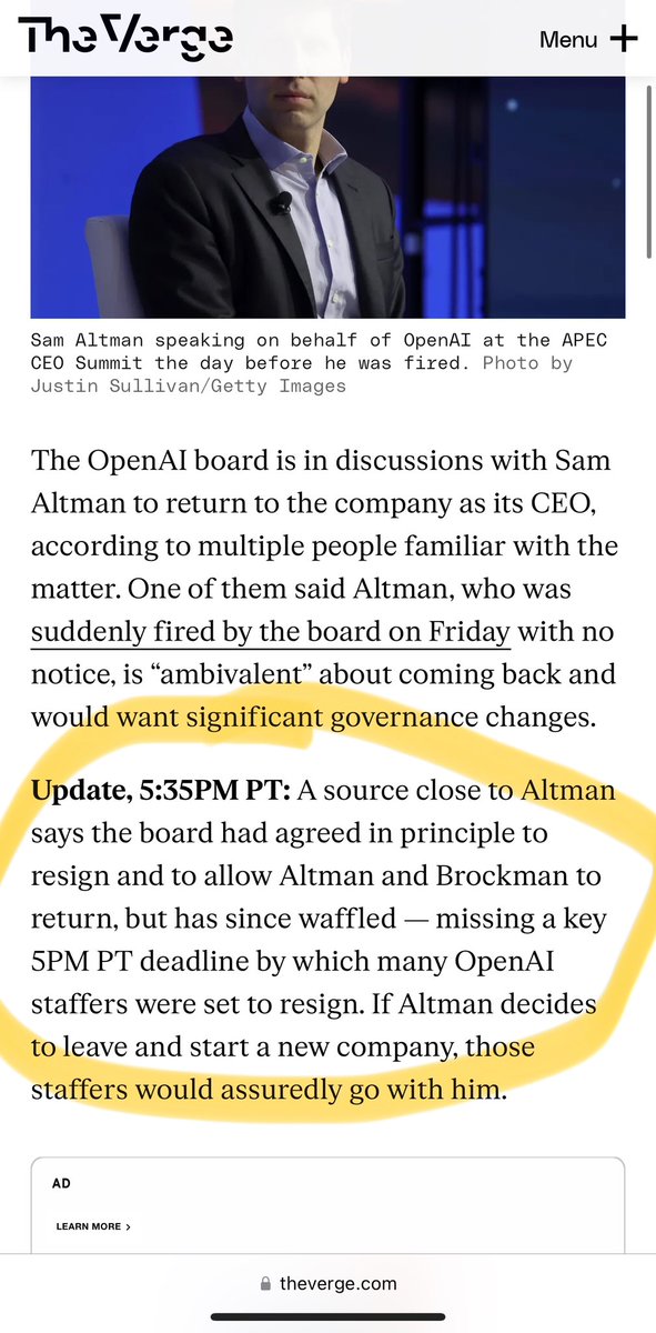 wow. openai staff set a deadline of 5pm tonight for all board members to resign and bring sam and greg back, or else they all resign. the board agreed but is now waffling and its an hour past the deadline. this is all happening in real time, right now.