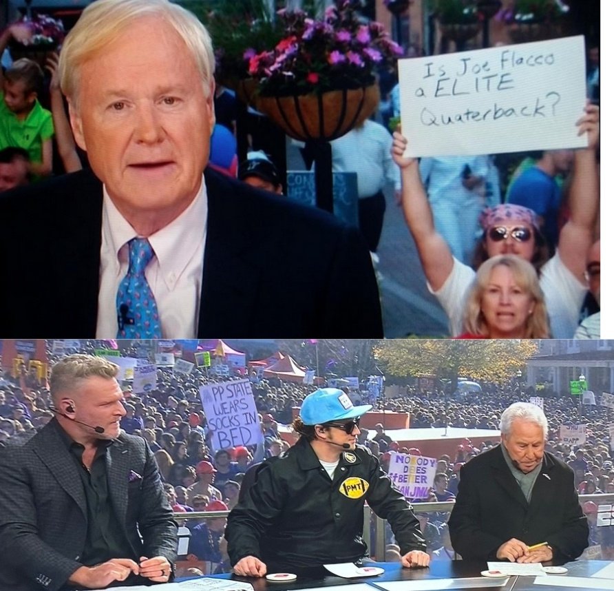 ThisDayInBSS's tweet photo. Best part of today was seeing my guy the legend that is @PFTCommenter go from the guy holding the sign to the guy having signs being held behind him.. congrats kid.. @PardonMyTake https://t.co/q8jt8xu864