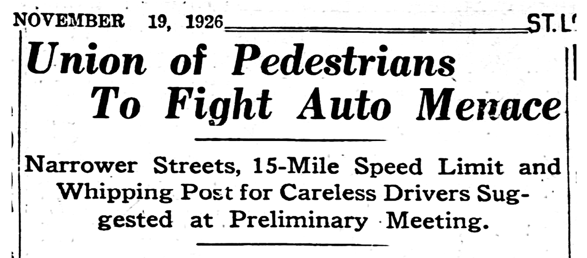 On this date in 1926, pedestrians met at the St Louis Public Library on Olive Street to found the Pedestrians Union. The founders agreed that automobiles should be incapable of exceeding 15 mph. (St Louis Post-Dispatch)