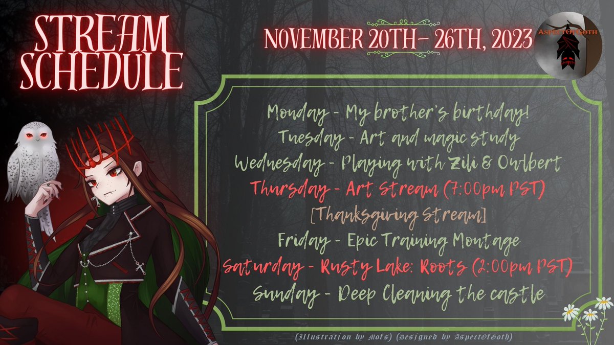 AspectOfGoth's tweet photo. Stream Schedule Nov.20-26 2023
-🦇👑

#indievtuber #envtuber #vtuber #aspectoflive #aspectofgoth #streamschedule https://t.co/Fz0u9gJ9cr