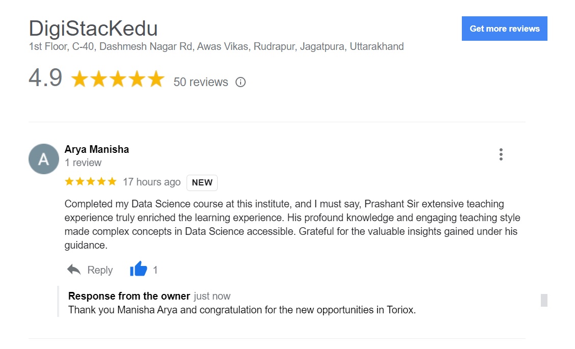 digistackedu's tweet image. Manisha Arya Feedback for Prashant sir and data science course at digistackedu.
#digistackedu #datasciencecourse #machinelearningcourse #haldwani #kashipur #rudrapur #nainital #rampur #moradabad #students #college #caeer