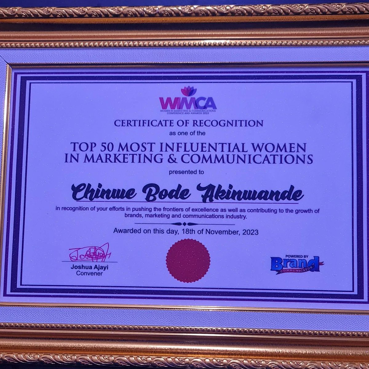 cbodeakinwande's tweet photo. Thank you, God Amighty, the Doer of all this 🙌

Thank you @Wimca for the pleasant surprise 🥰🙏

Thank you all  behind the scene for this incredible honor.

Being recognized among the top 50 most influential women is an absolute privilege. #IamCBA #Award https://t.co/8IF7qRNdho