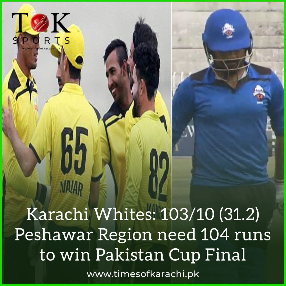 Karachi Whites all out on just 103 runs against Peshawar in the Pakistan Cup Final. 
Azam Khan scored 30 while captain Sarfaraz Ahmed scored 22 runs. 
Mohammad Imran and Abbas Afridi from Peshawar took 4 and 3 wickets respectively.

#TOKSports #PakistanCup #PSHvKHIW