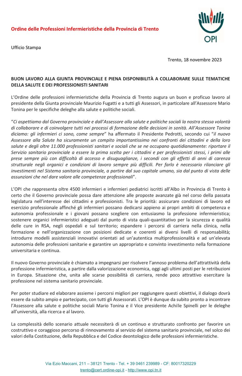 BUON LAVORO ALLA GIUNTA PROVINCIALE E PIENA DISPONIBILITÀ A COLLABORARE SULLE TEMATICHE DELLA SALUTE E DEI PROFESSIONISTI SANITARI @ProvinciaTrento Leggi il comunicato integrale ⬇️