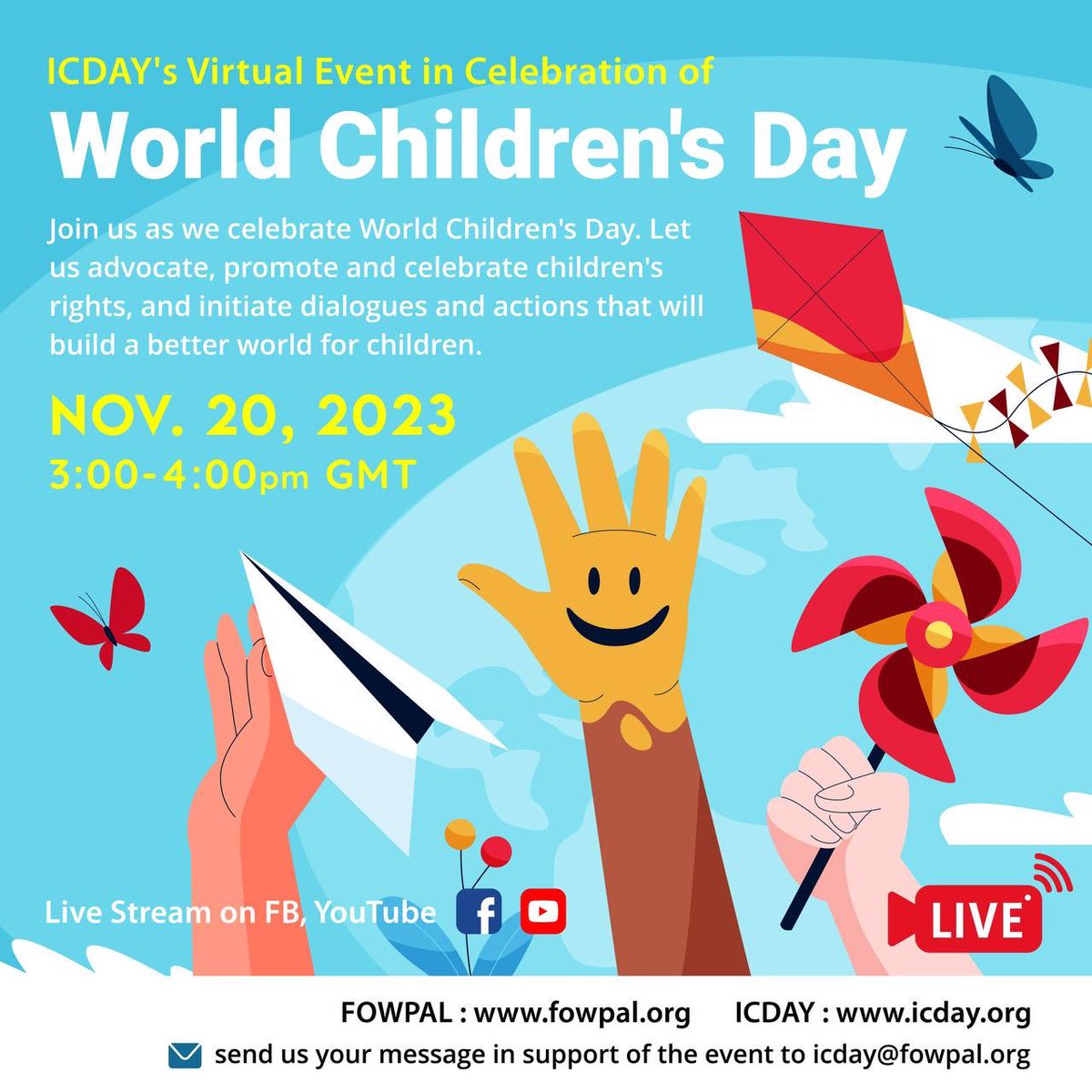 Join us as we celebrate World Children's Day. Let us advocate, promote and celebrate children's rights, and initiate dialogues and actions that will build a better world for children. youtube.com/live/8KbQBxzVJ… #ChildrensDay