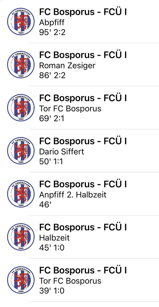 Endstand: Unser 1 spielt 2:2 beim FC Bosporus. Bravo Jungs! 👏 
Screenshot vom Liveticker in FCÜ App. #hoppundhüfcü #fcüapp