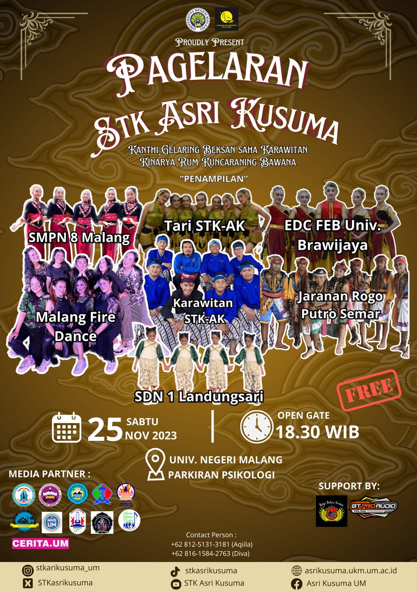 [UKM STK-AK PROUDLY PRESENT]

Halo rek arek 👋🏼 Salam budhaya
STK-AK akan mengadakan sebuah kegiatan besar yaitu "Pagelaran STK Asri Kusuma" 
Jangan lupa Nonton Yaa🤗
STK-AK Selagi Mau Selagi Bersama💛🖤
#universitasnegerimalang #stkasrikusuma #pagelaran #pagelaranstkak2023