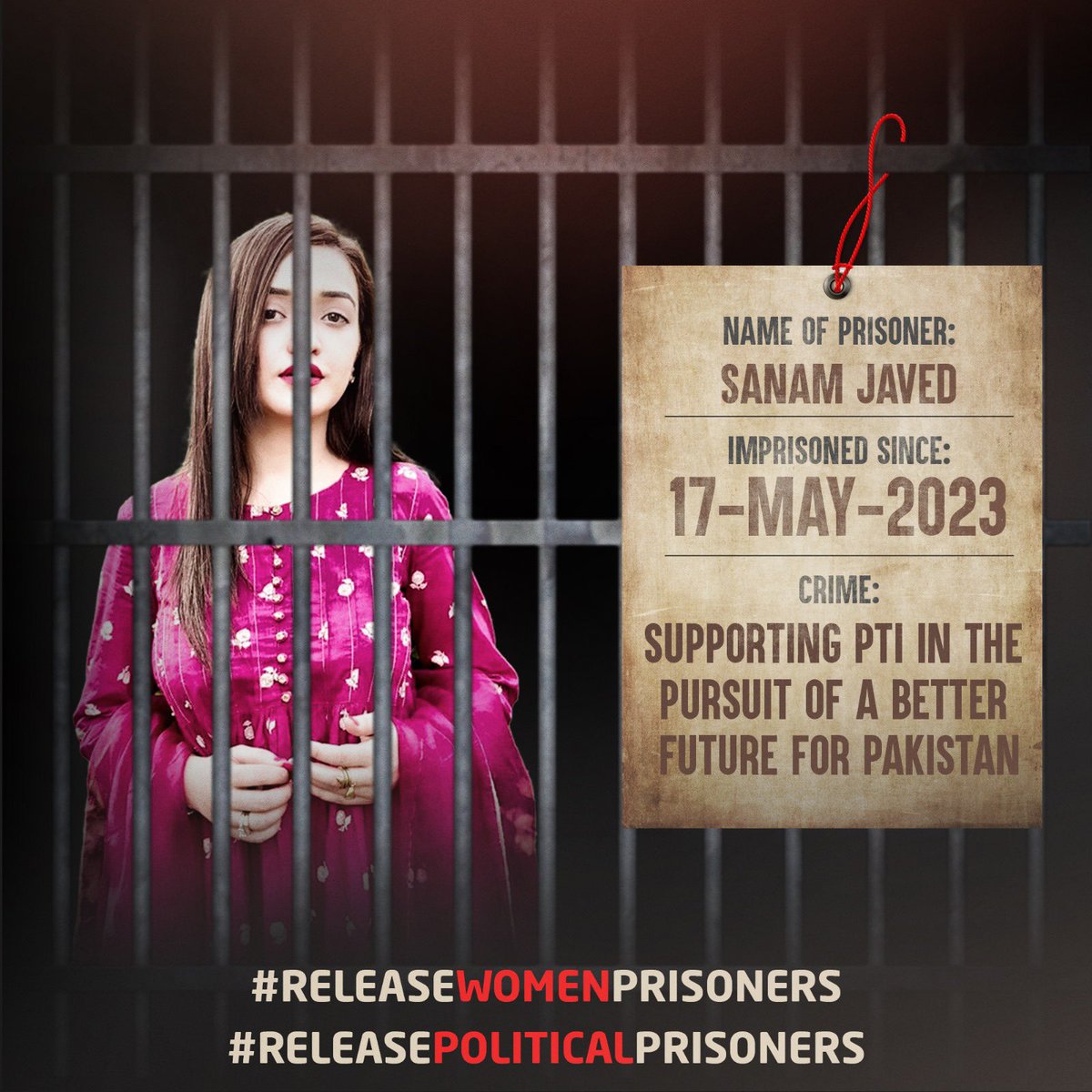 PTIofficial's tweet photo. Sanam Javed, illegally kept in jail just because she is supporting PTI in the pursuit of a better future for Pakistan.

On 8th February 2024, we will remember. #ہم_ووٹر_ہیں_کپتان_کے https://t.co/281E2Z3C2j