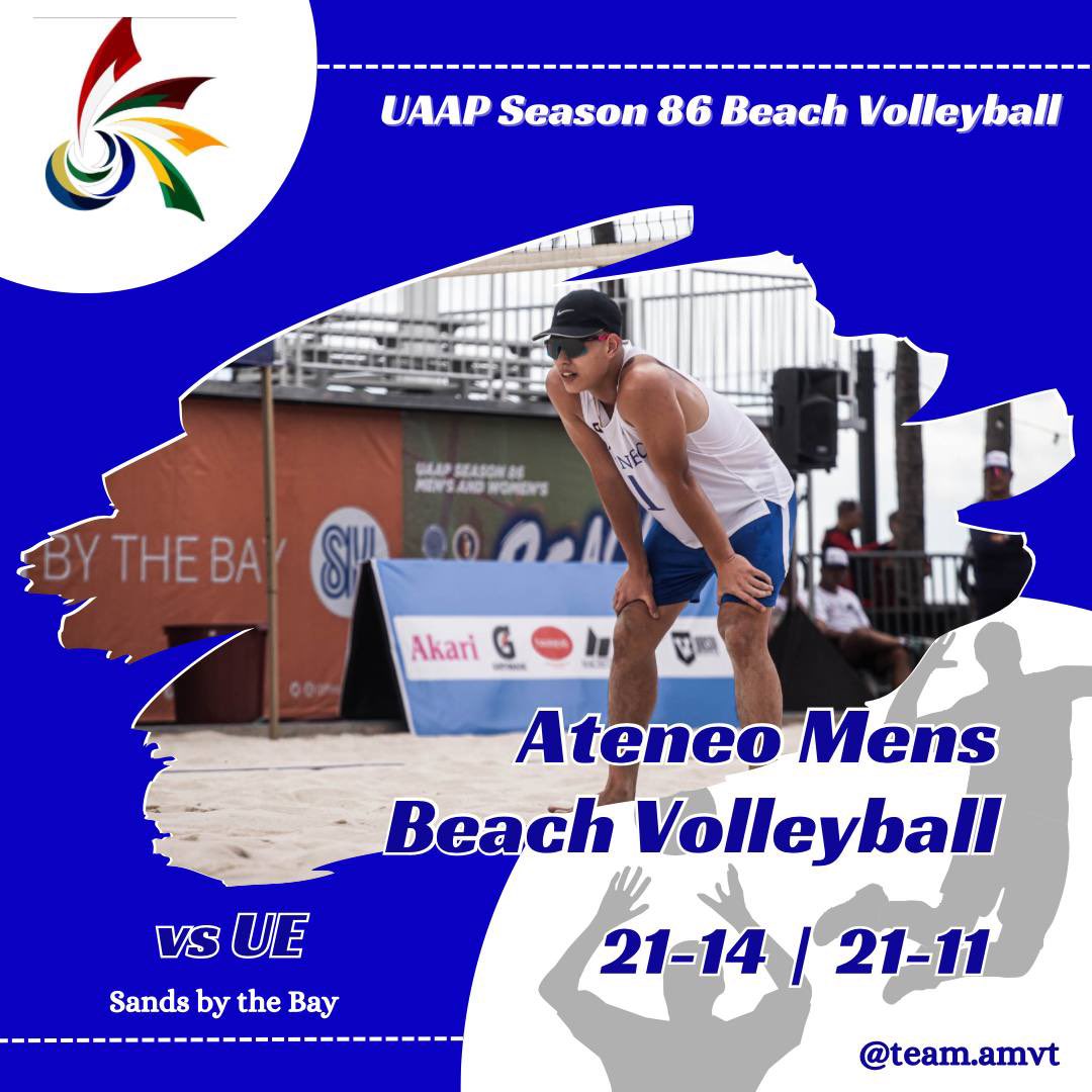TeamAMVT's tweet photo. Blue Eagles Soar to Victory! 

Ateneo dominates the sands, clinching a spectacular win against UE with a score of 21-14 and 21-11.

#TeamAMVT #AMVT #UAAP86 #UAAPBeachVolleyball https://t.co/gKqmzqG7gr