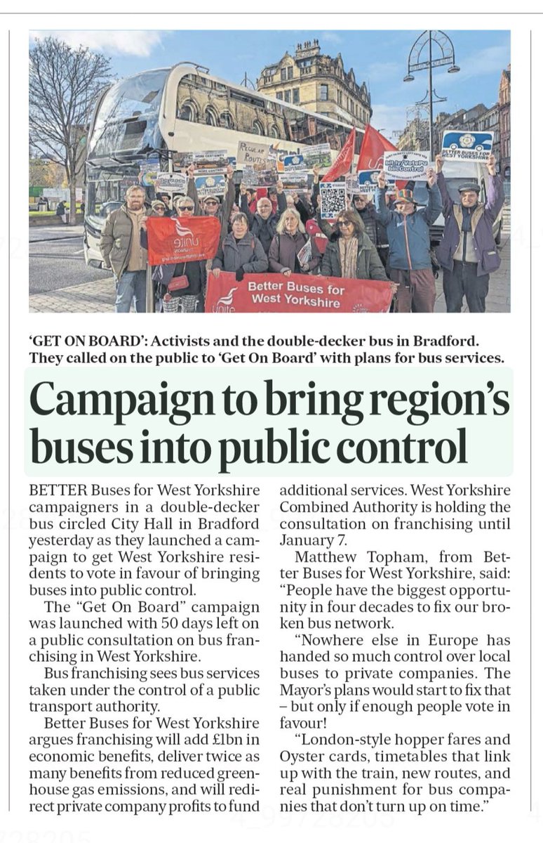 BetterBusesWY's tweet photo. 🚫 "Nowhere else in Europe had handed so much control over local buses to private companies."
🔧 "The @MayorOfWY's plans would start to fix that, but only if enough people vote in favour."
🗞️ Us for the @YorkshirePost at our Bradford launch. https://t.co/YfNxUKk5Om