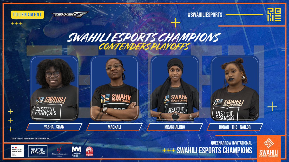 Please welcome the 4 players competing this morning for the #SwahiliEsports Champions Contenders Playoffs! Give them all your support! 🙌

📺 swahili.esportschampions.africa/en_US/

<a href="/Yasha_Shan/">YashaShan</a> <a href="/dj_injustice/">The #Lituation🎧✊🏾</a> <a href="/AntaShou/">Anta shou😘😍</a> <a href="/faith_dorothy/">the.dorothy</a>