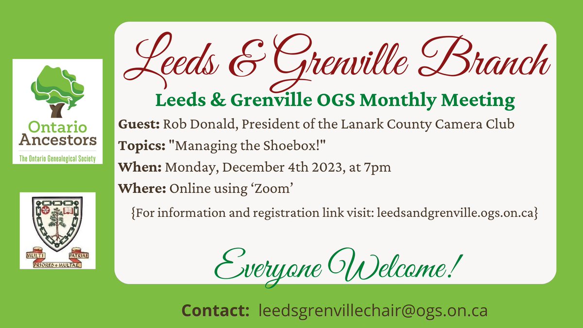 Join us Monday, December 4th at 7:00 pm on Zoom to learn some tricks for managing your photo shoebox!

Register here:
us06web.zoom.us/meeting/regist…
OR
Visit our website leedsandgrenville.ogs.on.ca for more details.

#genealogy #photomanagement #familyhistory #LeedsGrenville #familyphoto