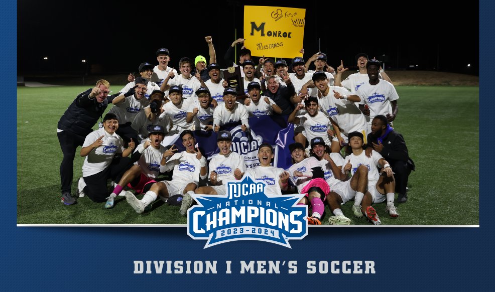 NJCAA_Soccer's tweet photo. 🏆🏆 Mustangs win its second straight title in thriller!

Monroe wins the 2023 #NJCAASoccer DI Men's National Championship in Penalty Kicks over Tyler!

https://t.co/TN6BWFchS5 https://t.co/uIXzBbhMub