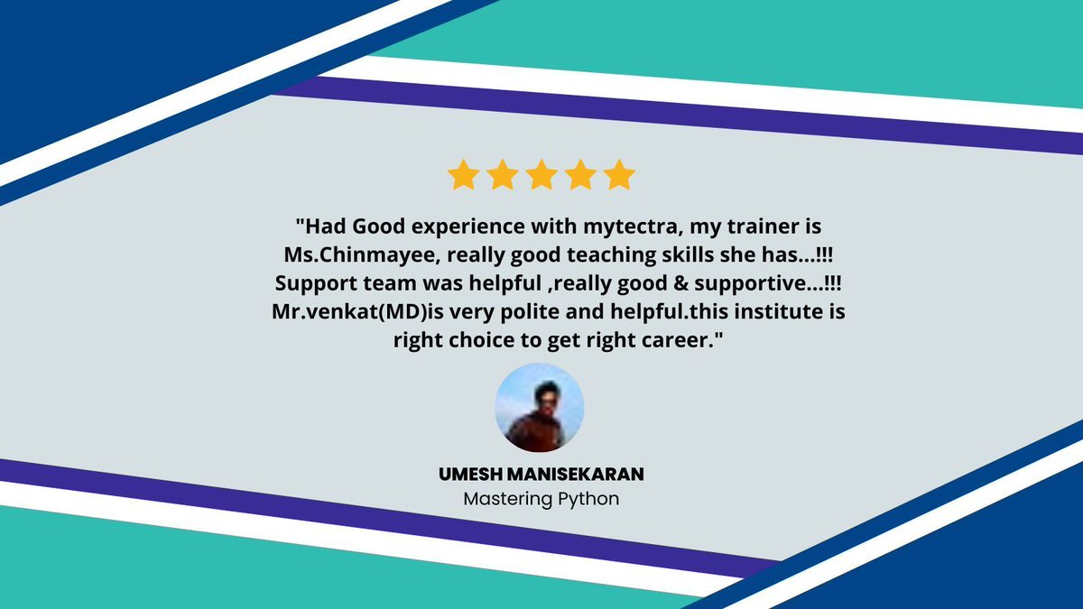 mytectra's tweet photo. Thank you, Umesh Manisekaran, for your kind words about our Python course @myTectra. Delighted to hear it was valuable for you!

#myTectraPythonReview #PythonLearning #PythonCourseReview #PythonCourse #TechEducation #HandsOnLearning #MachineLearningTraining https://t.co/EoEmqFMfPi