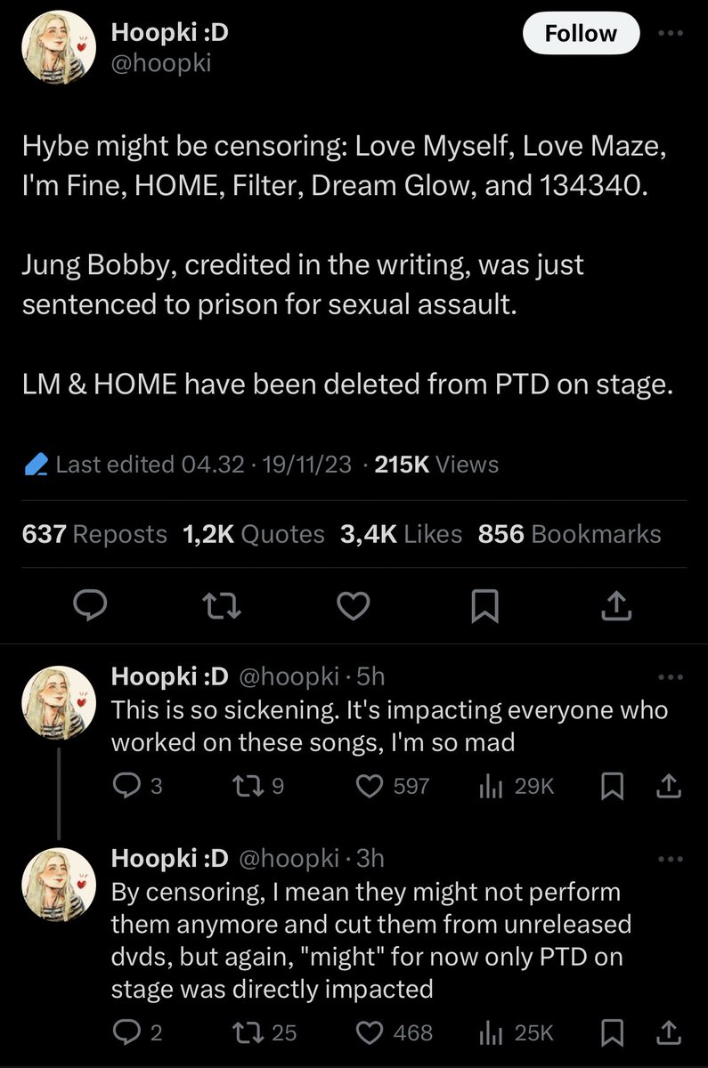 rebirth134340's tweet photo. Lagu yg di cut dari PTD on Stage akibat J.B (salah satu komposer lagu BTS yg divonis penjara 1 thn karena sexual assault):
- Love Myself
- HOME

Lagu lain yg berpotensi disensor / tidak dinyanyikan lagi pada konser berikutnya:
- Love Maze
- I'm Fine
- Filter
- Dream Glow
- 134340 https://t.co/RqikORE7vy