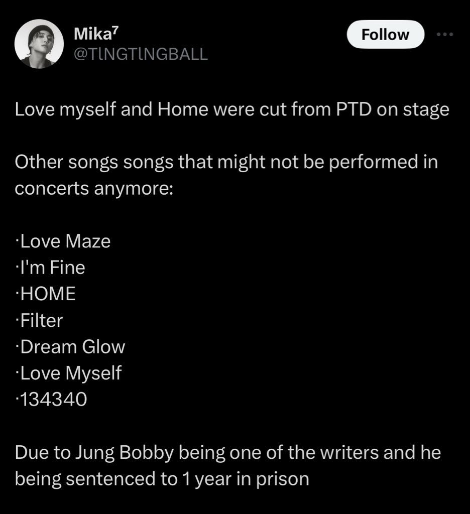 rebirth134340's tweet photo. Lagu yg di cut dari PTD on Stage akibat J.B (salah satu komposer lagu BTS yg divonis penjara 1 thn karena sexual assault):
- Love Myself
- HOME

Lagu lain yg berpotensi disensor / tidak dinyanyikan lagi pada konser berikutnya:
- Love Maze
- I'm Fine
- Filter
- Dream Glow
- 134340 https://t.co/RqikORE7vy