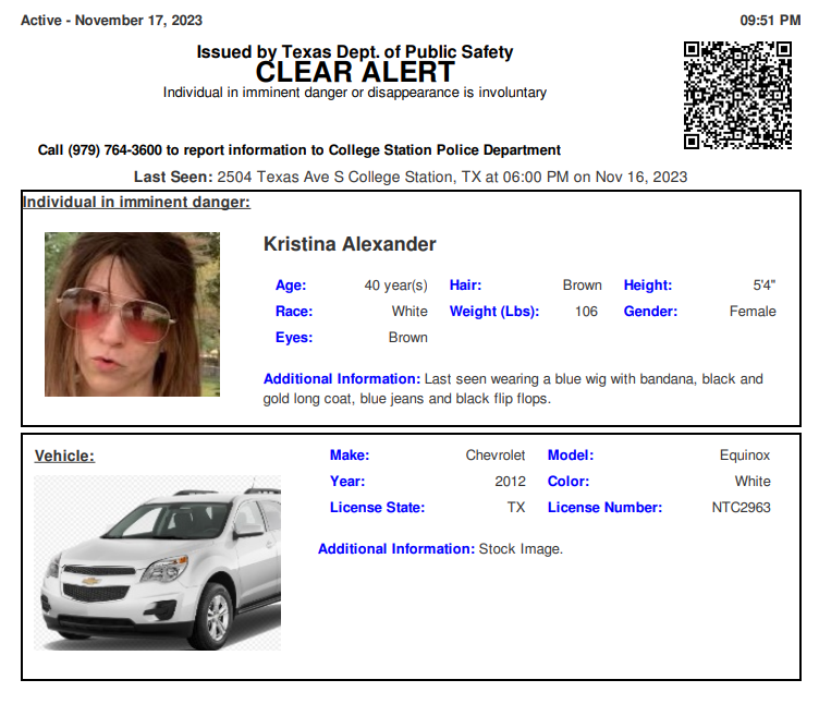 TX_Alerts's tweet photo. MISSING ADULT ALERT CONTINUES: initially issued 11/17/2023 for Kristina Alexander from College Station, TX, TX plate NTC2963 https://t.co/MUgLEzNRHt